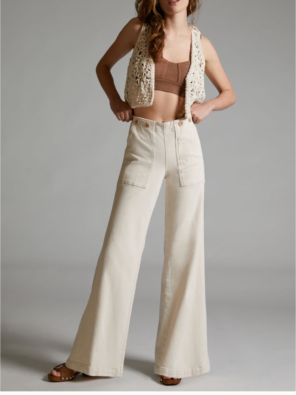 Pilcro Kit High-Rise Wide-Leg Utility Trousers in Cream